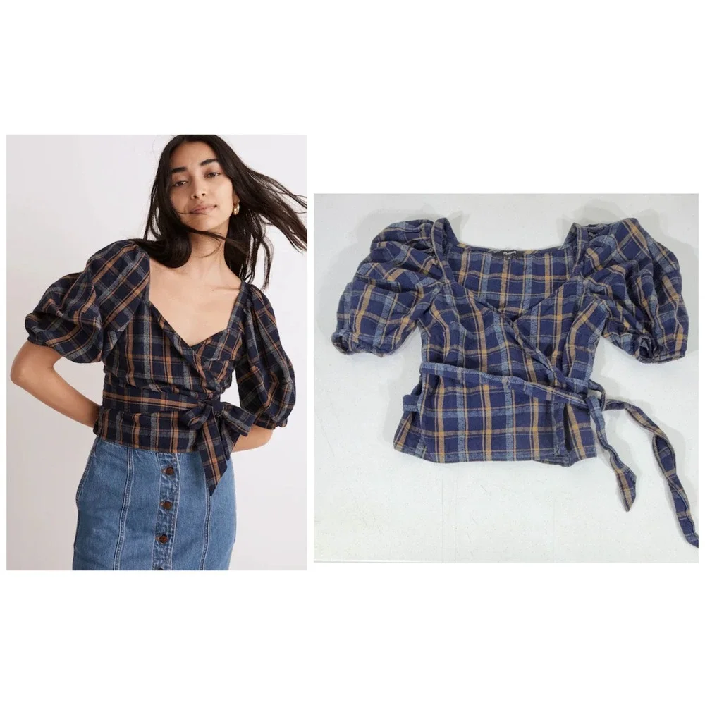 Madewell Sweetheart Wrap Top XS Blue Plaid Puff Sleeve‎ Cotton Dobby Textured